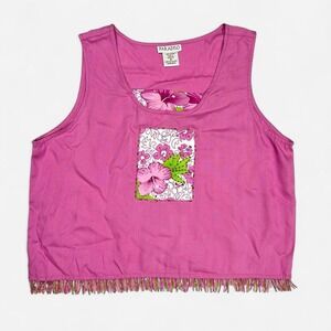 Vintage Paradiso Beaded Fringe Floral Top Pink Hibiscus‎ Tropical Tank